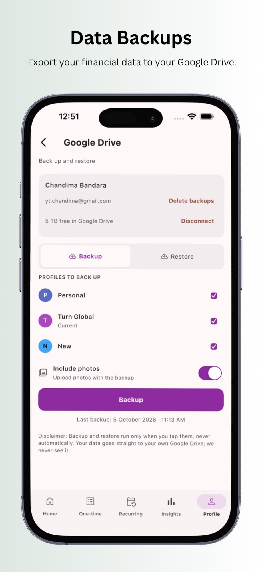Backing up TxnApp profiles to your own Google Drive