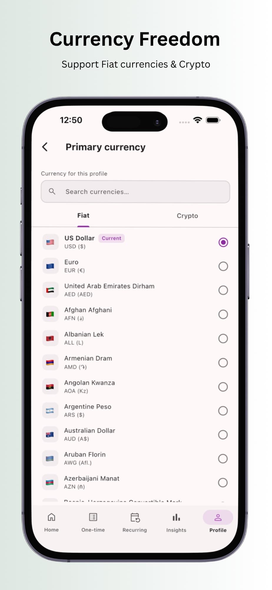 Choosing a fiat or crypto currency for a TxnApp profile