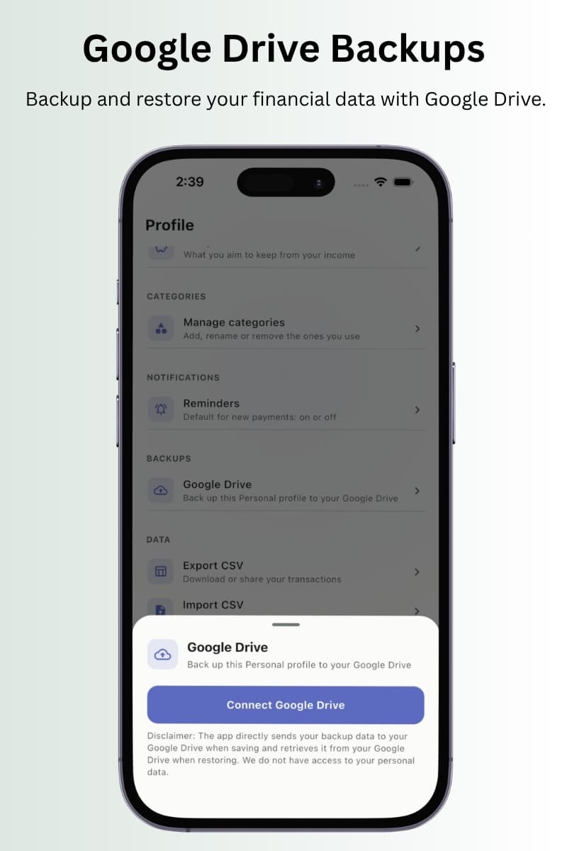 TxnApp Google Drive backup and restore