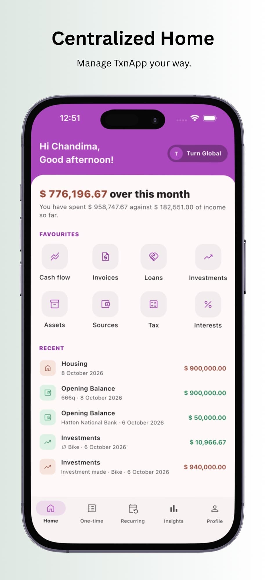 TxnApp Home with the month's standing, favourite tools and recent entries