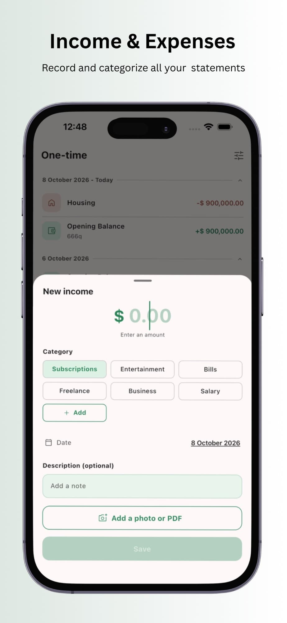 Adding new income in TxnApp with category, date, note and a photo or PDF