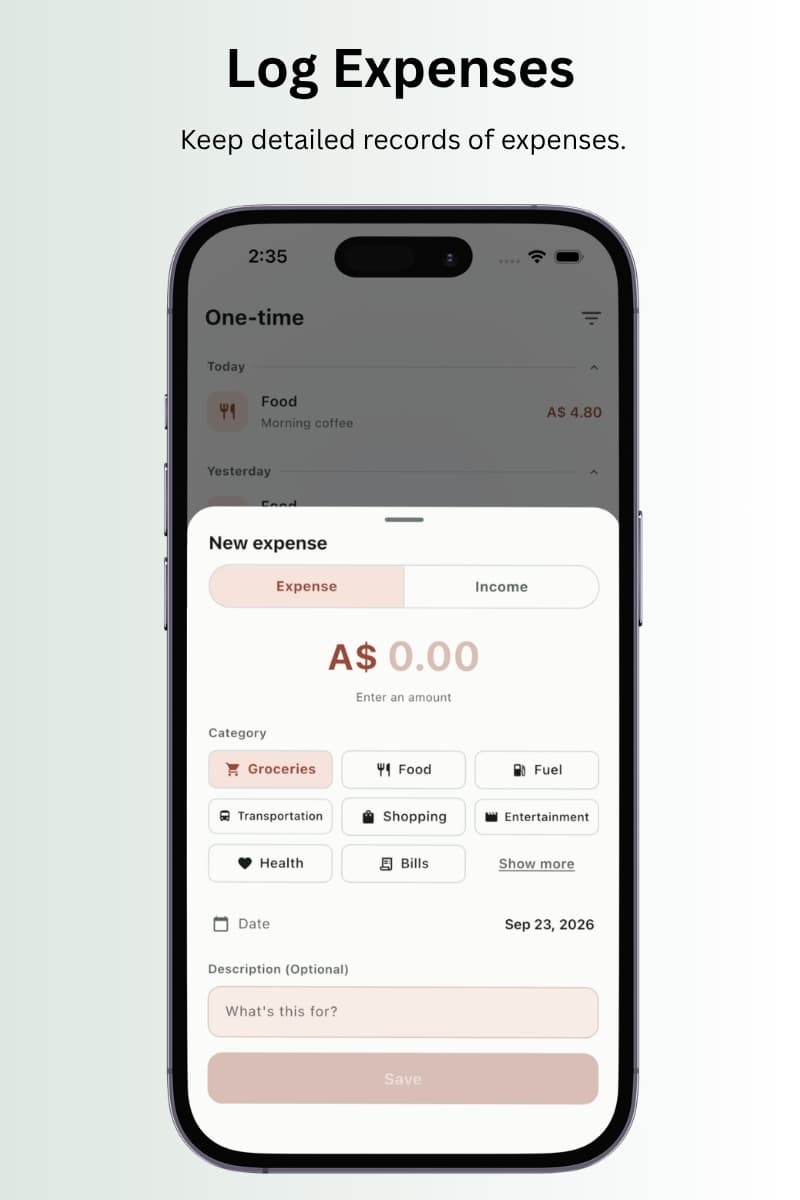 TxnApp log expenses screen with categories and date