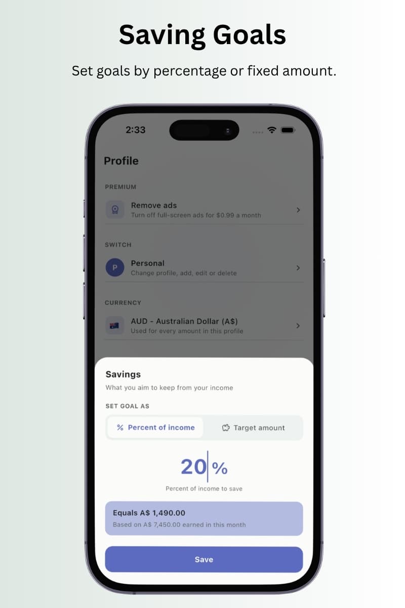 TxnApp savings goal by percent of income