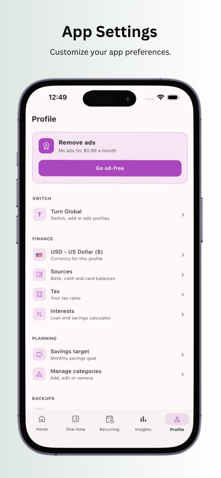 TxnApp profile settings with sources, tax, interests and savings target