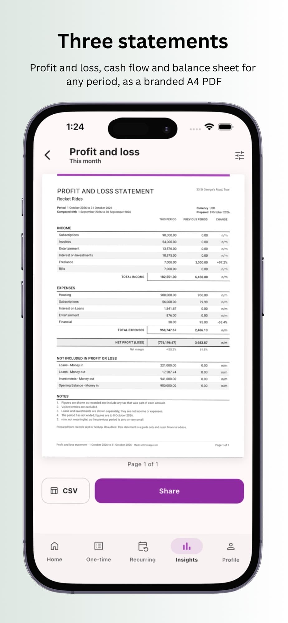 TxnApp profit and loss statement as a branded A4 PDF