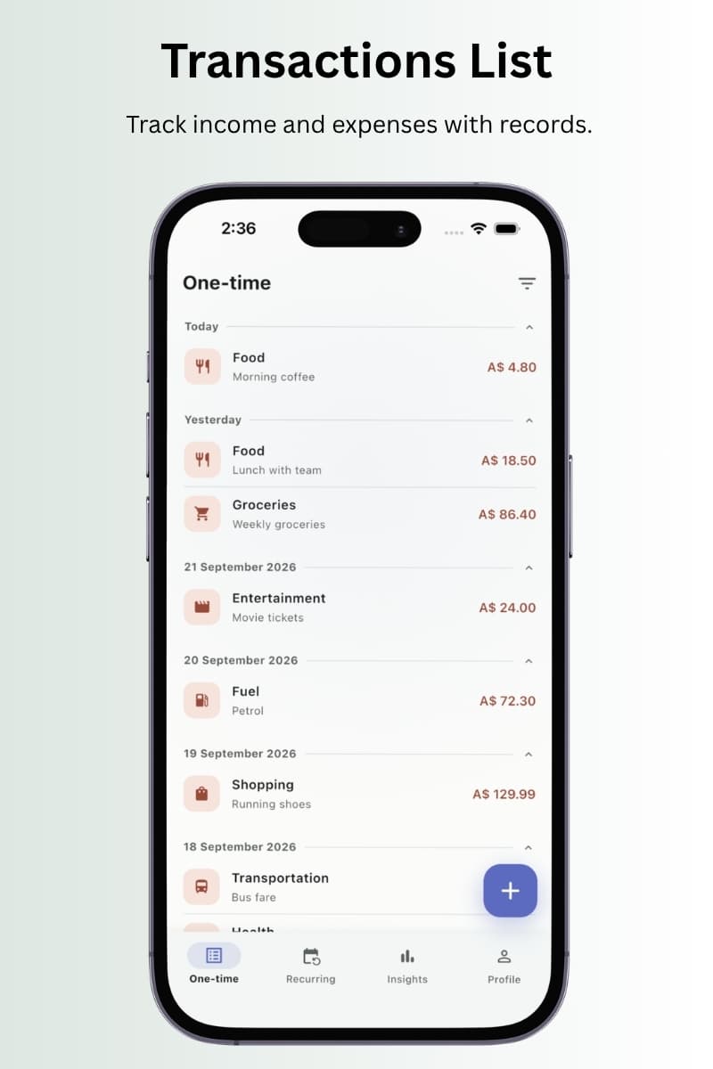 TxnApp transactions list grouped by day