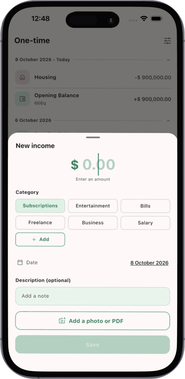 Adding new income in TxnApp with category, date, note and a photo or PDF