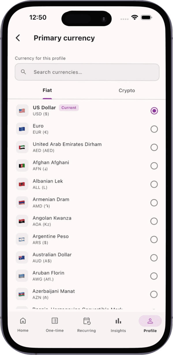 Choosing a fiat or crypto currency in TxnApp