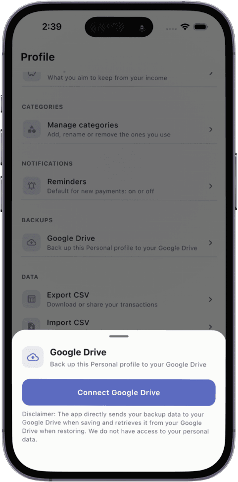 Connecting Google Drive backups in TxnApp