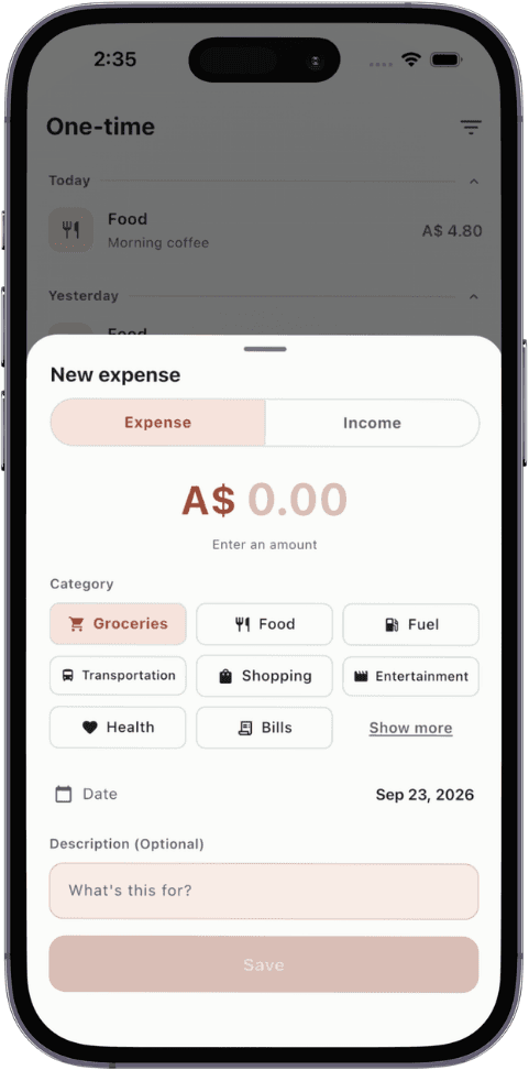 Adding a new expense in TxnApp with category and date