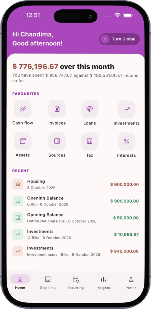 TxnApp Home with the month's standing, favourite tools and recent entries