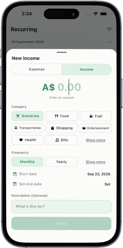 Adding a recurring monthly income in TxnApp