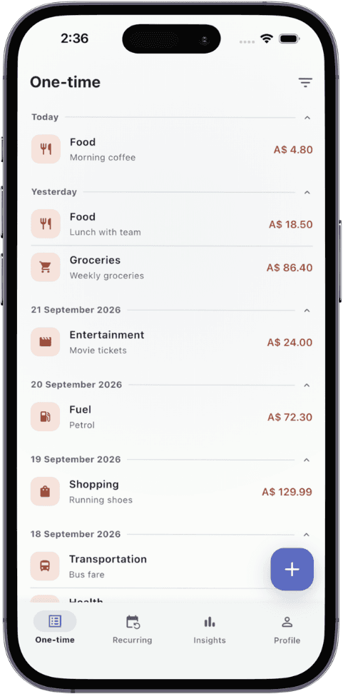 TxnApp list of one-time expenses grouped by day