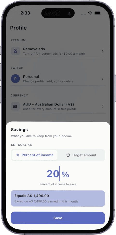 Setting a 20 percent savings goal in TxnApp