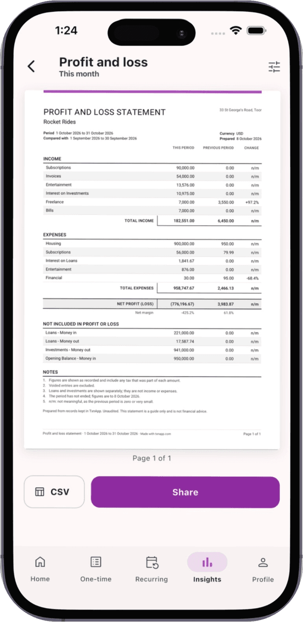 TxnApp profit and loss statement as a branded A4 PDF